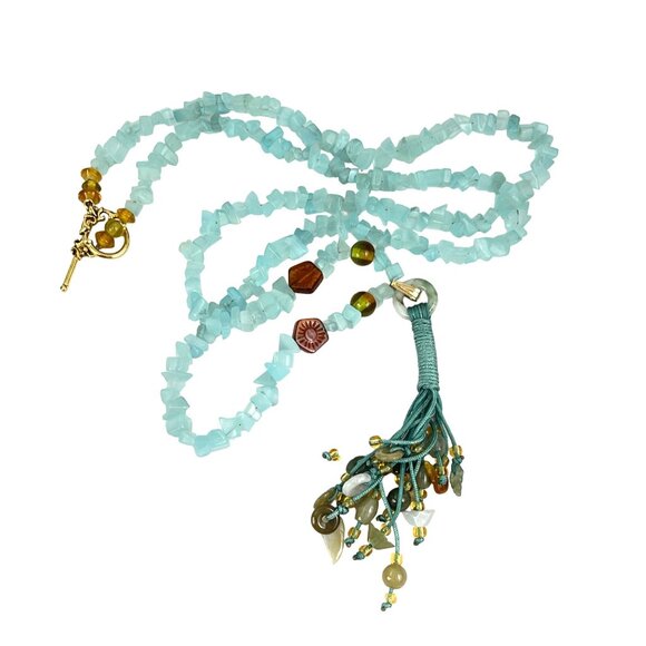 Handcrafted Blue Aquamarine Chip Bead Jade Nephrite Necklace With Tassel Multi-S - Picture 3 of 11